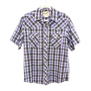 Vintage Wrangler Shirt Mens Large Western Pearl Snap Plaid Purple Black White